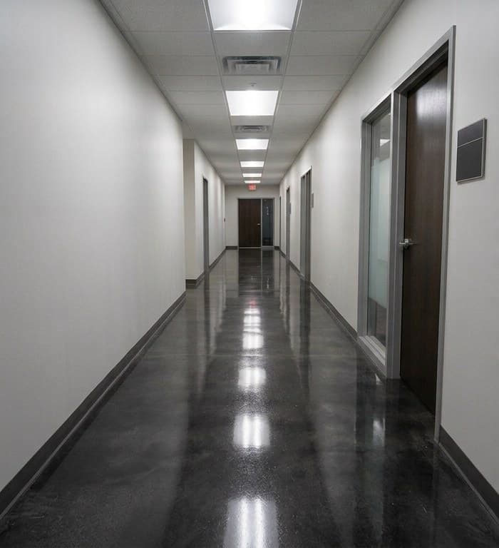 Polished commercial floor in a Raleigh, NC office corridor